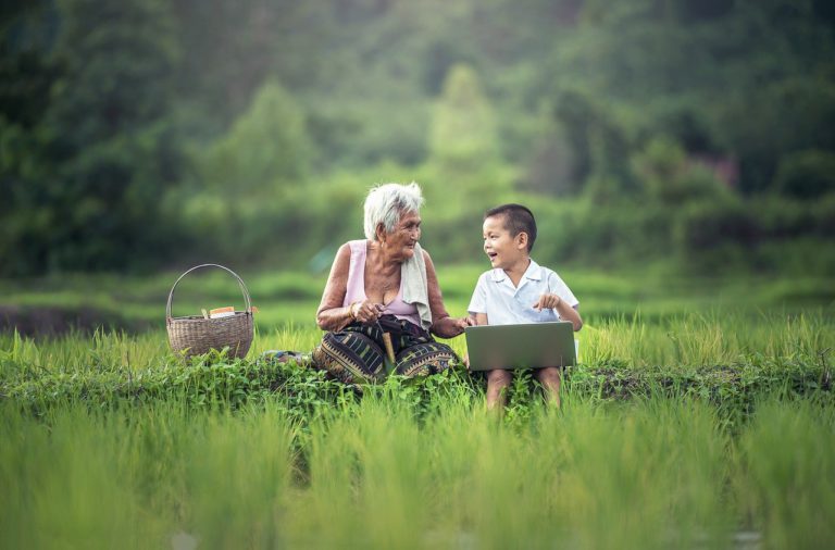 grandmother, kids, laptop
